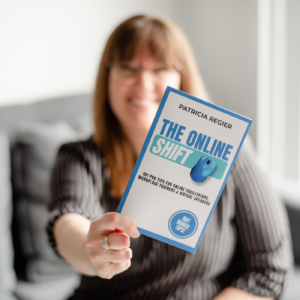 Patricia Regier holding her book The Online shift