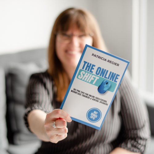 Patricia Regier holding her book The Online shift